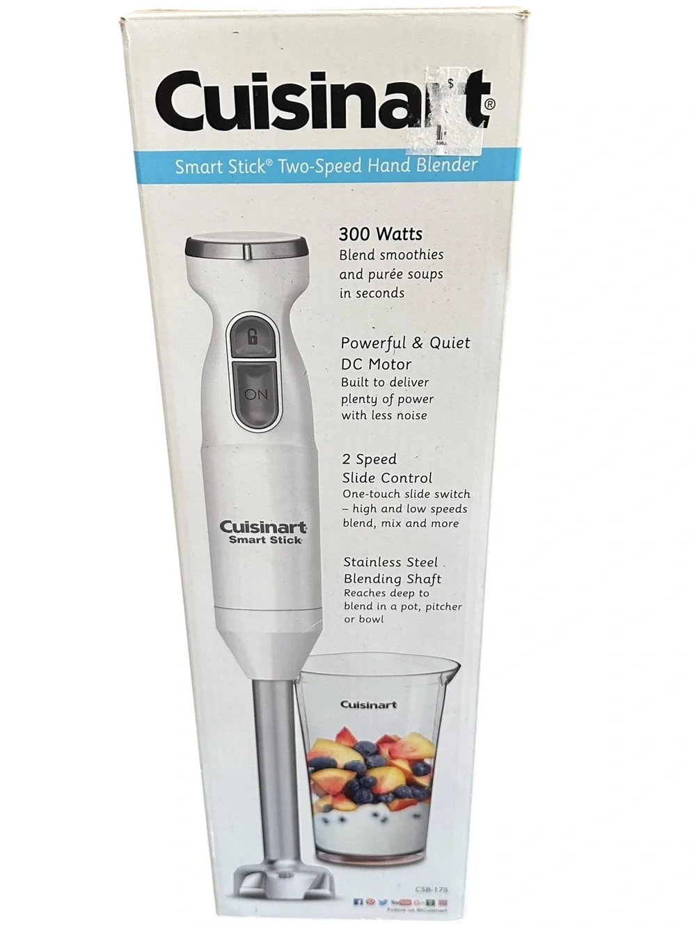 Cuisinart CSB-175 300 Watts Smart Stick Two-Speed Hand Blender White NEW in Box